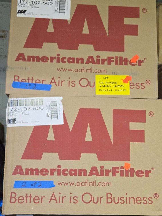 (4) Boxes Air Filters - On Pallet Racking Near Scrap Wood