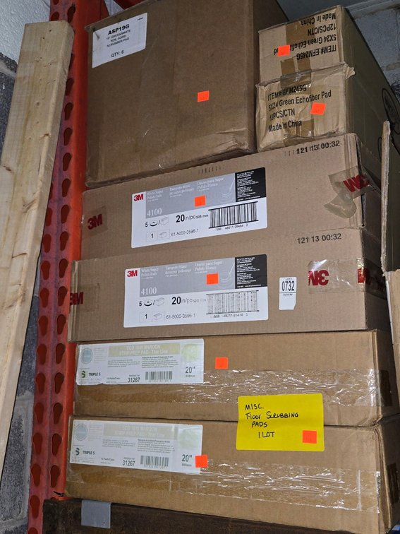 Misc. Floor Scrubbing Pads - On Pallet Racking Near Scrap Wood Lot