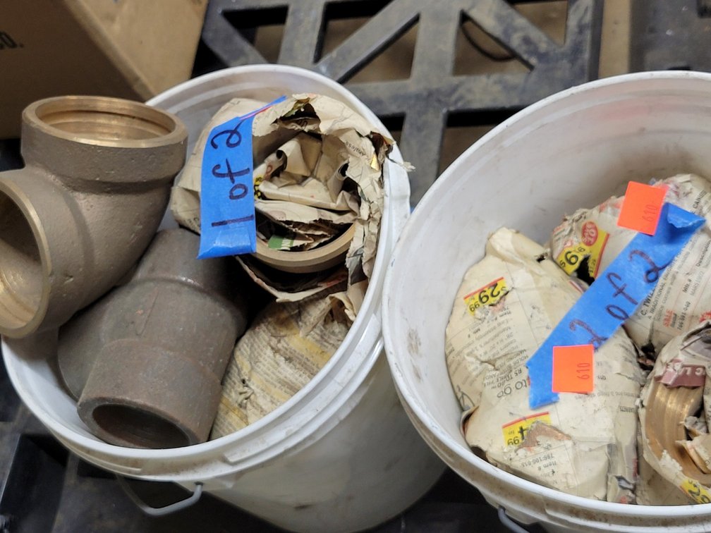 (2) Small White Plastic Buckets of Brass Elbows-Central Room