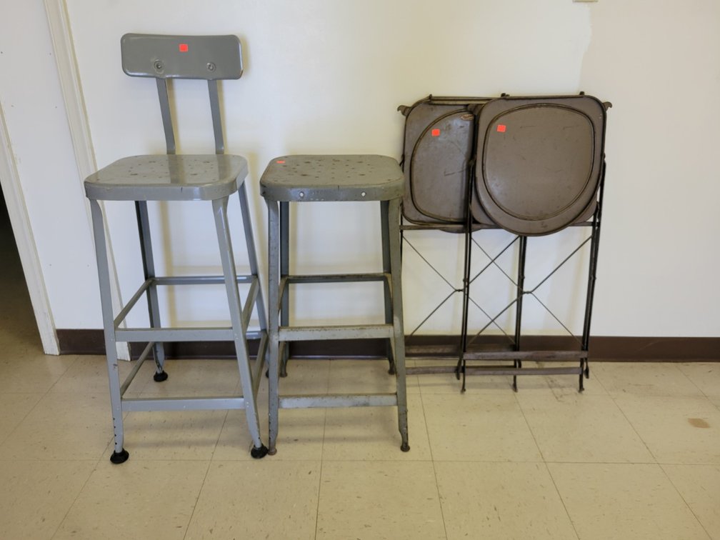 (2) Metal Folding Stools & (2) Chairs - Upstairs