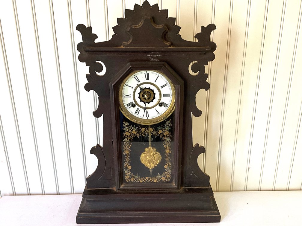 Carved Wood Gingerbread Mantel Clock with Brass Pendulum