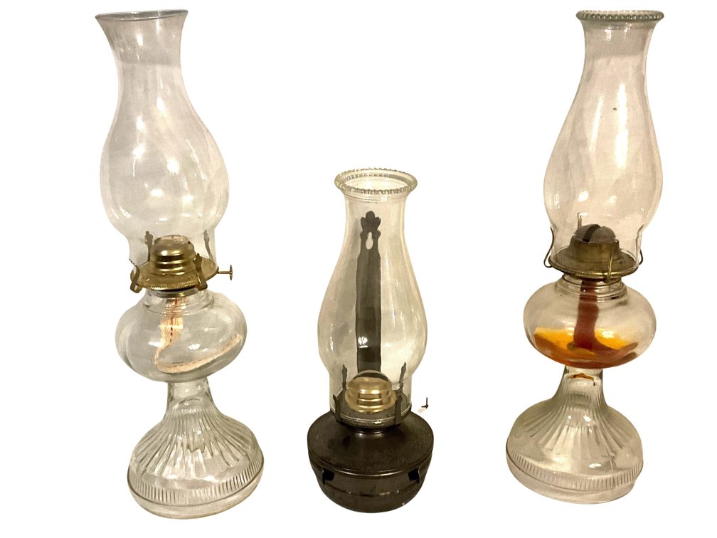 Three Glass Oil Lamps with Chimneys