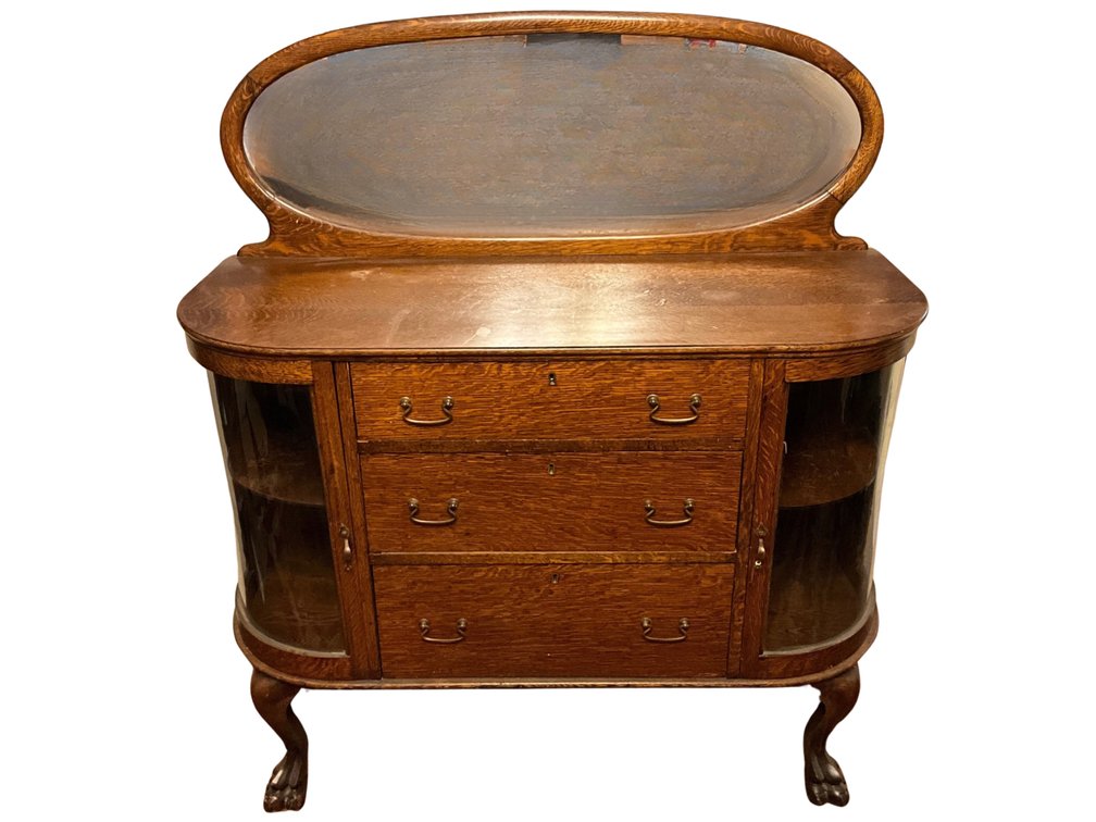 Oak Sideboard with Curved Glass Cabinets & Mirror