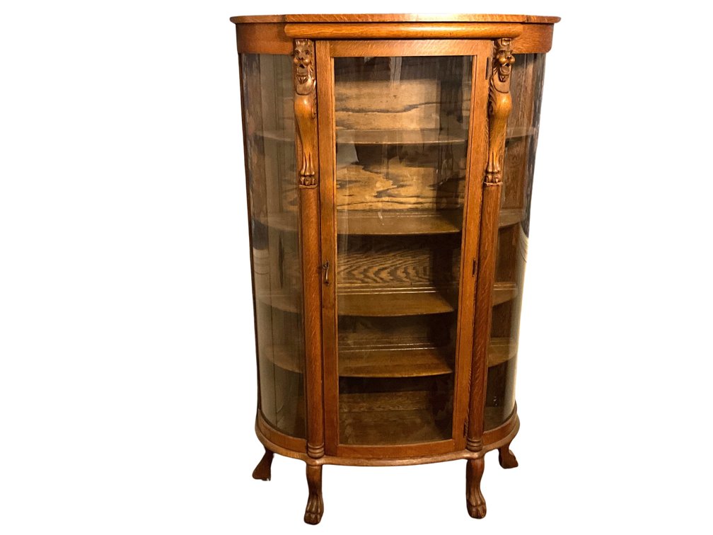 Oak Curved Glass China Cabinet with Carved Lion Details