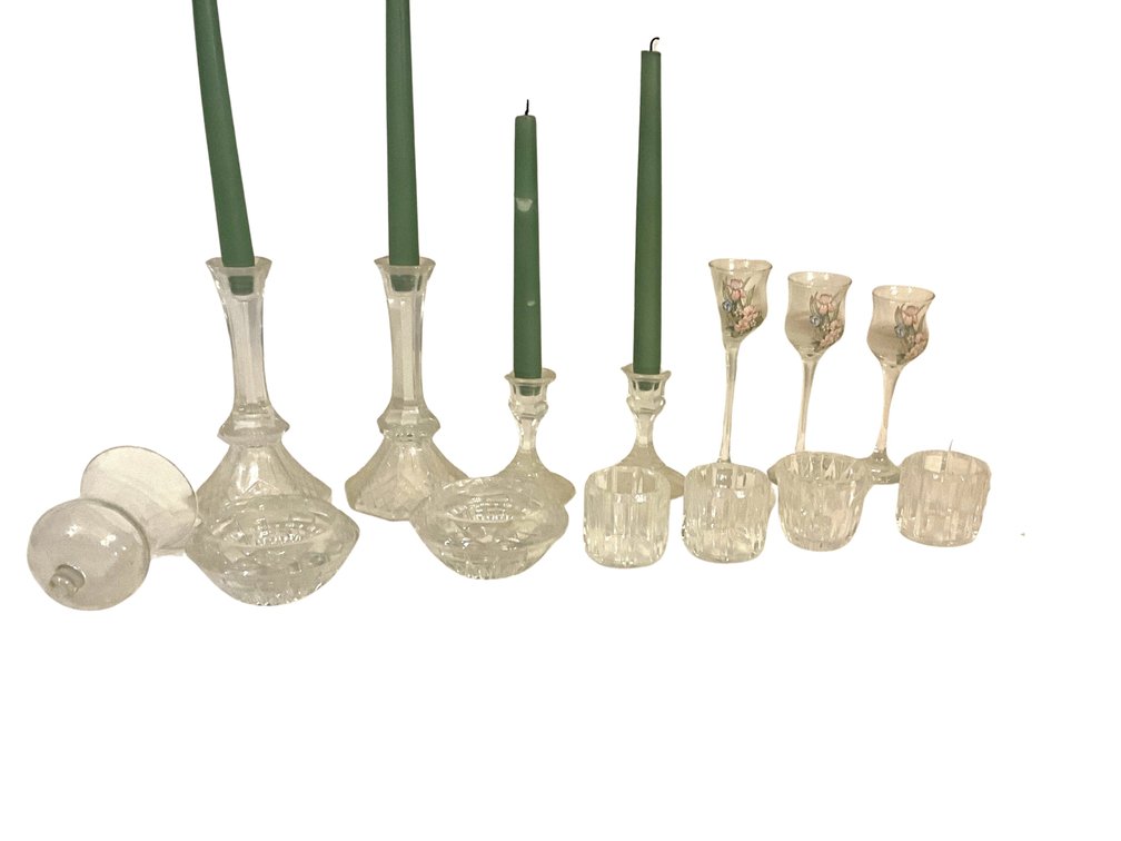 Assorted Candles & Glass Candle Holders