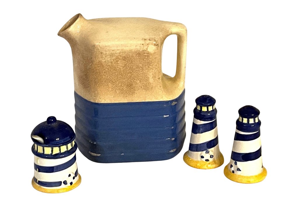 Stoneware Pitcher and Lighthouse Condiment Set
