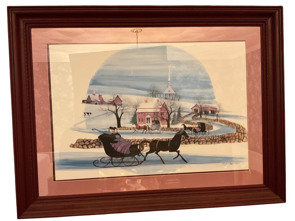 Framed P Buckley Moss Signed and Numbered Winter Sleigh Scene Print