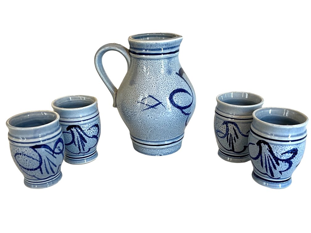 Dark Blue & Light Blue Stoneware Pitcher and Four Cups
