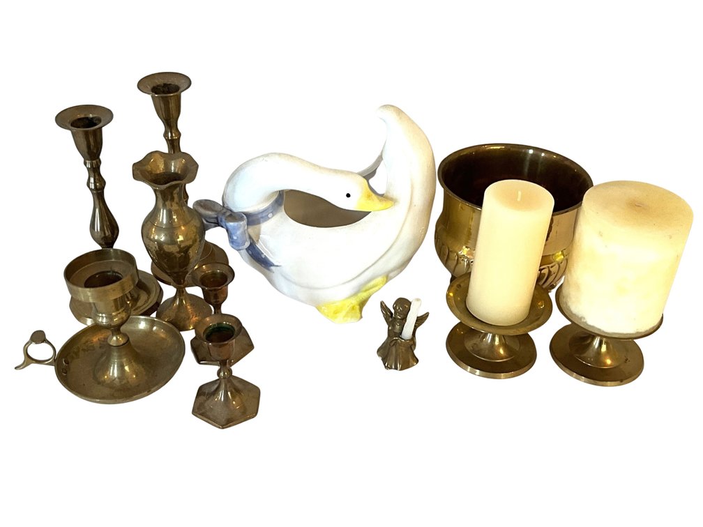 Brass Candlesticks, Candle Holders and Ceramic Goose Decor