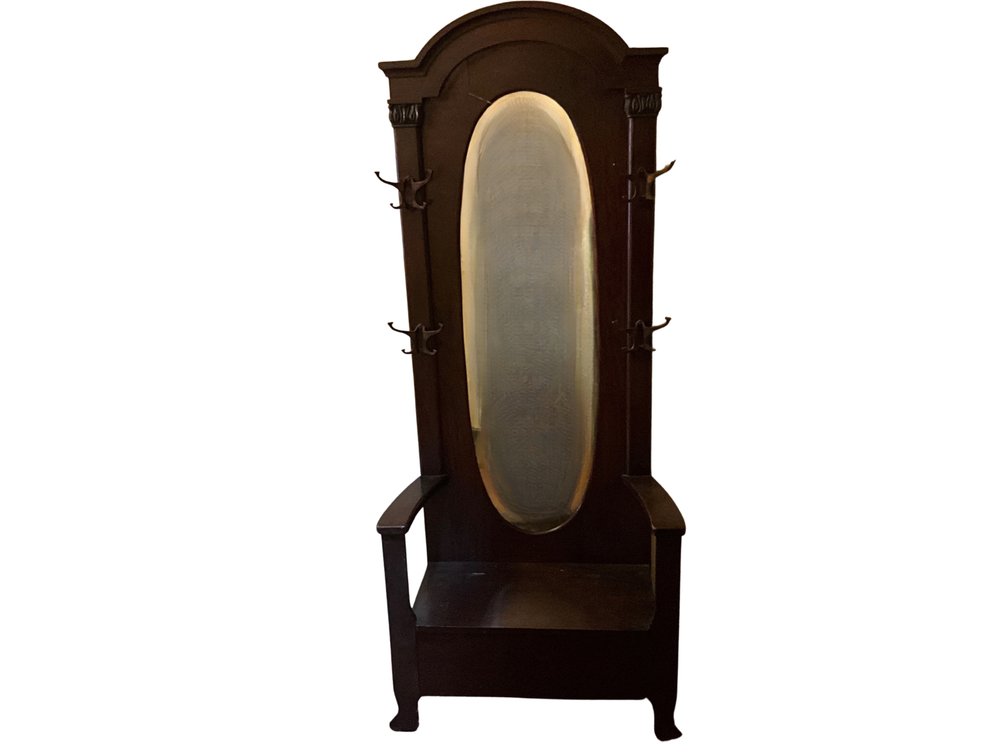 Hall Tree Bench with Oval Mirror and Coat Hooks