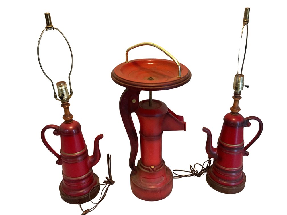 Red Water Pump Table Lamp with Matching Teapot Lamps