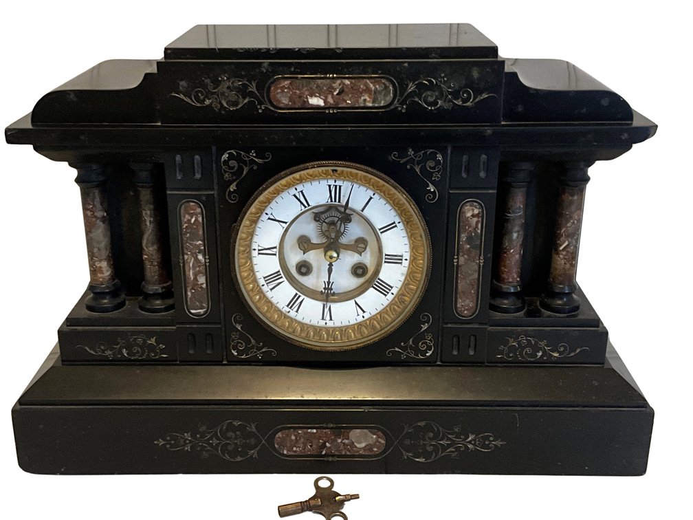 Ornate Black Mantel Clock with Key