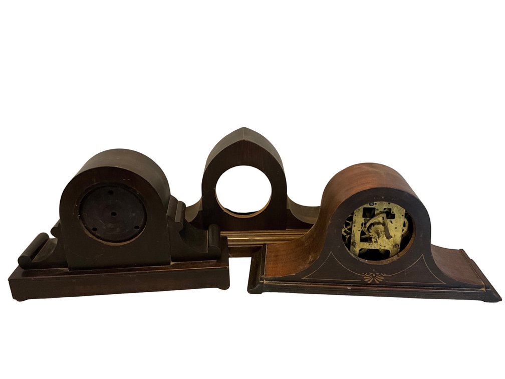 Three Wooden Mantel Clock Cases & Movements