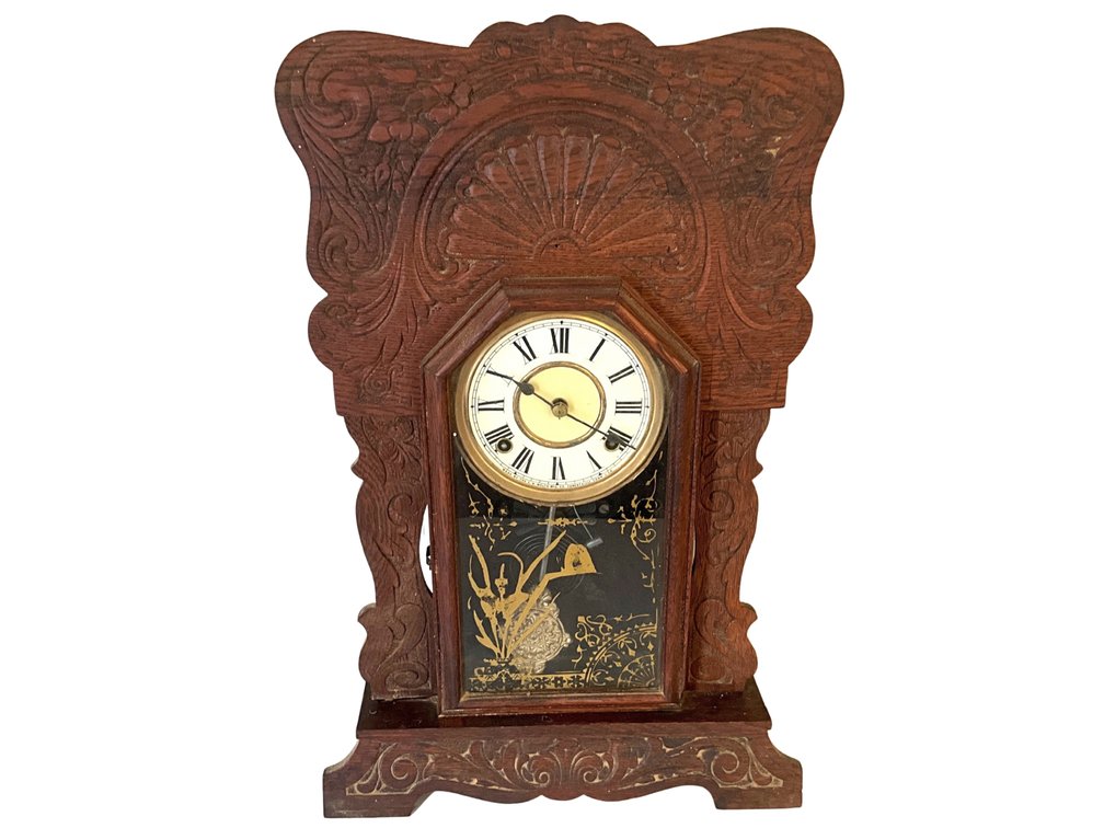 E.N. Welch Carved Oak Gingerbread Mantel Clock