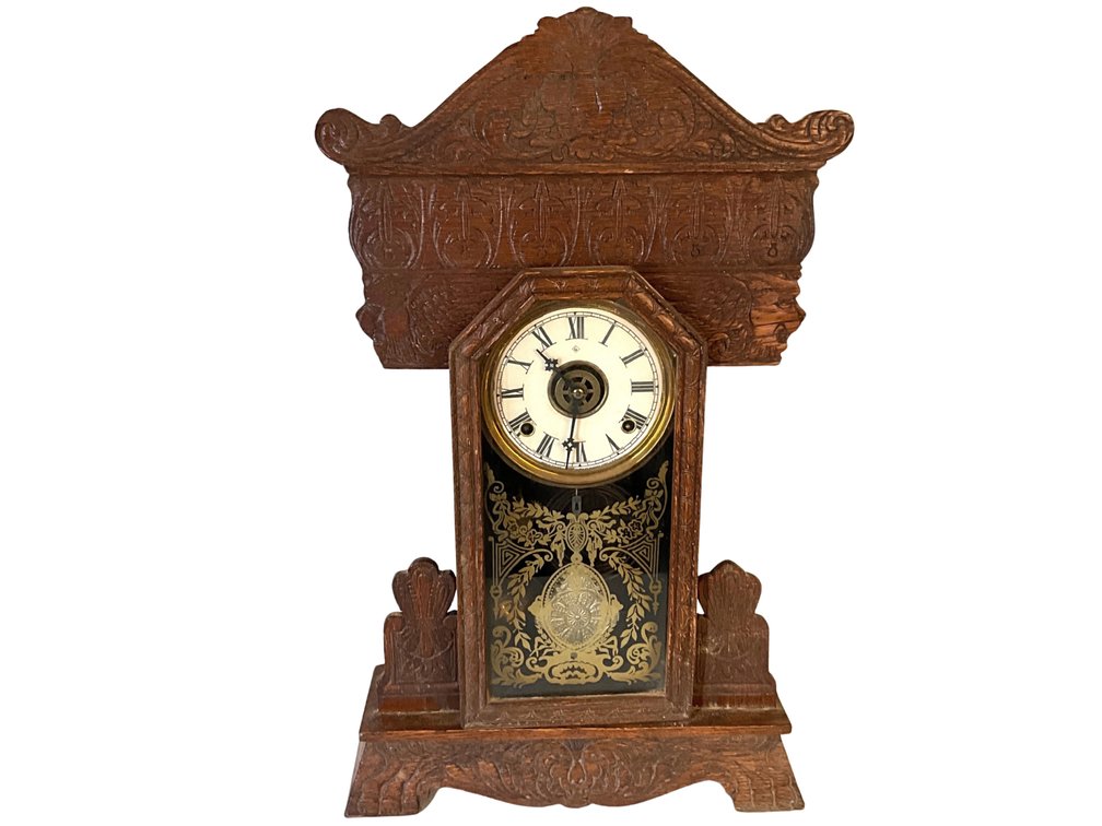 William L. Gilbert Carved Oak Gingerbread Mantel Clock