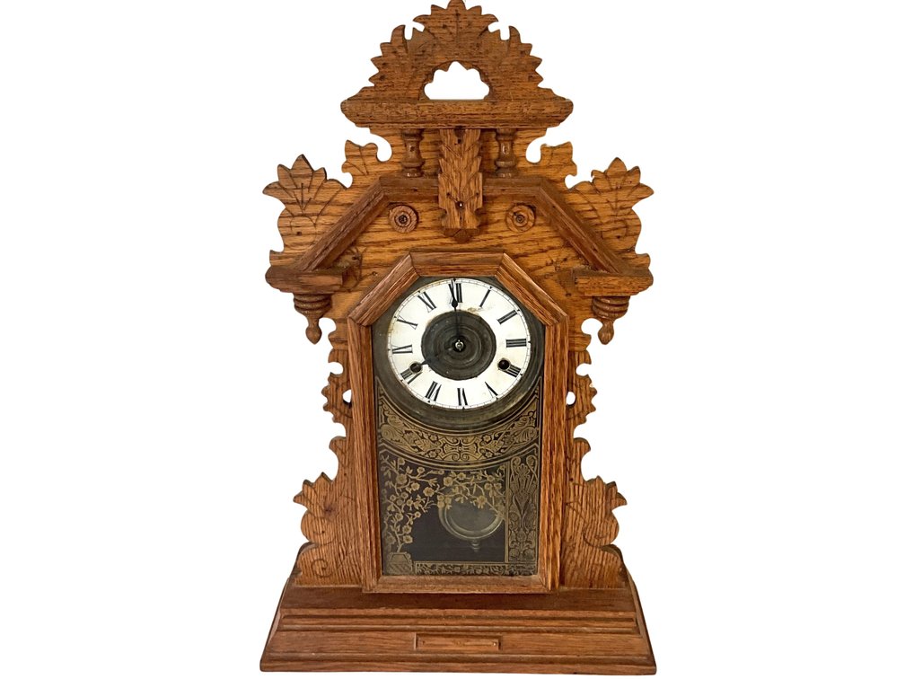 Carved Oak Gingerbread Mantel Clock with Original Movement Box