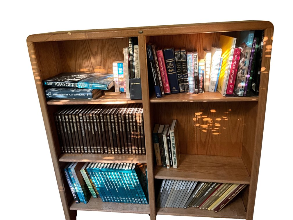 Wooden Bookshelf with Organized Book and Media Collection