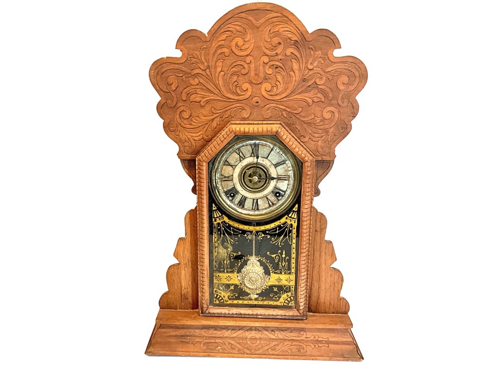 Carved Oak Gingerbread Mantel Clock with Original Movement Box