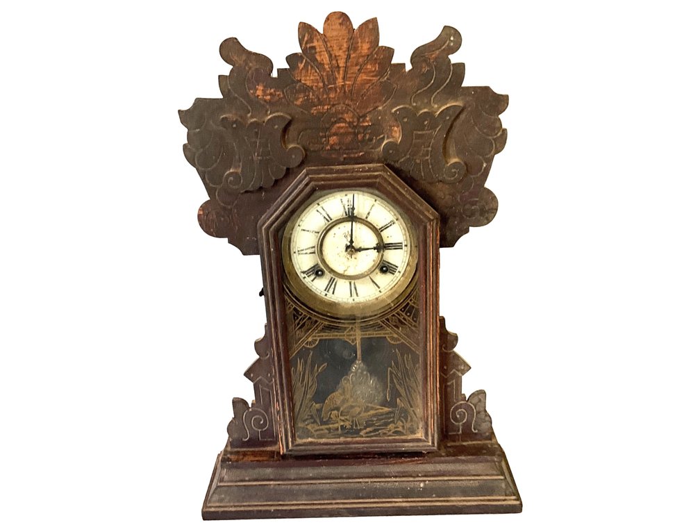 Waterbury Clock Co. Carved Wood Gingerbread Mantel Clock