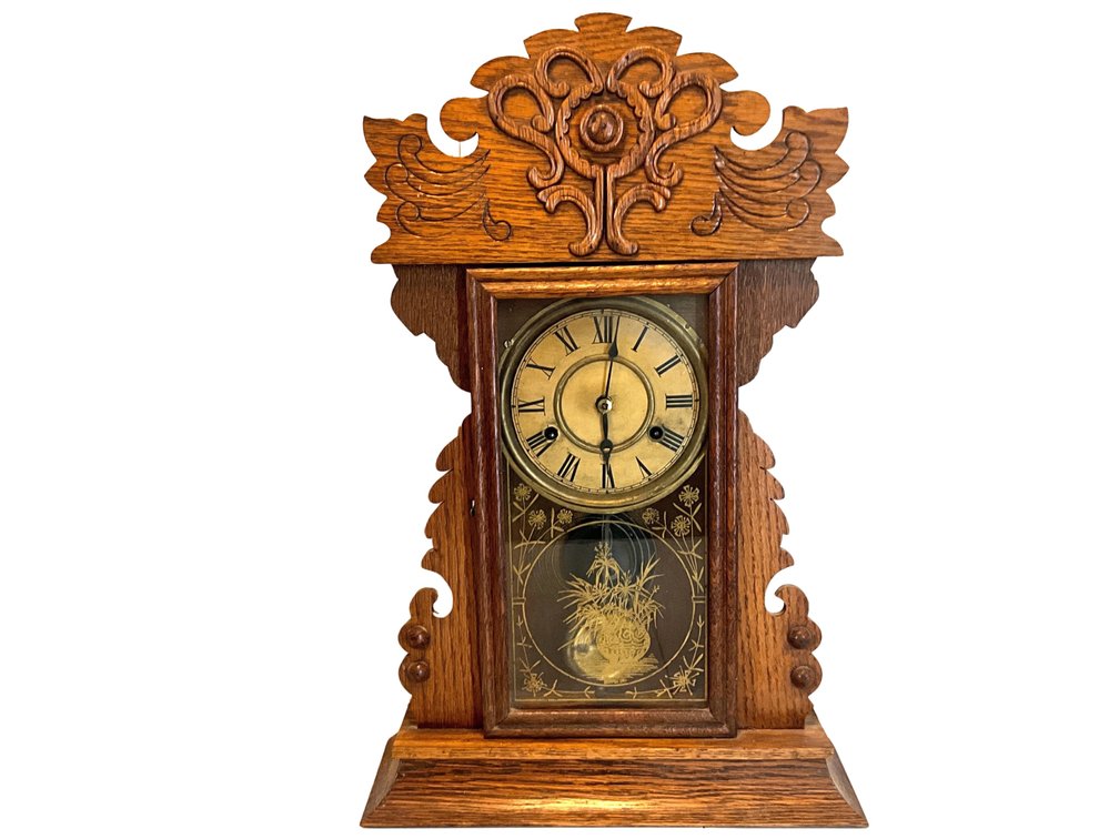 Carved Oak Gingerbread Mantel Clock with Brass Pendulum
