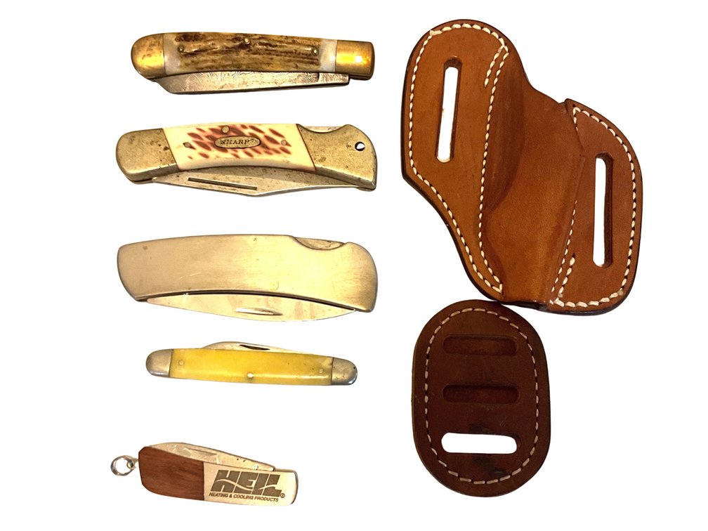 Five Pocket Knives with Leather Sheaths