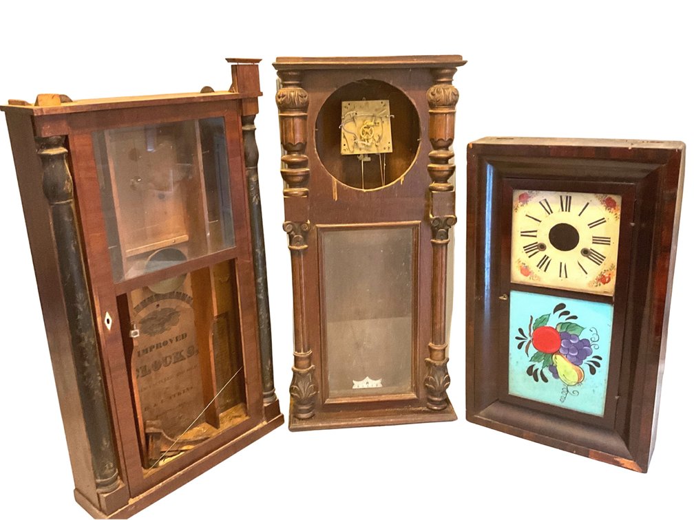 Three Wooden Wall Clock Cases and Movements
