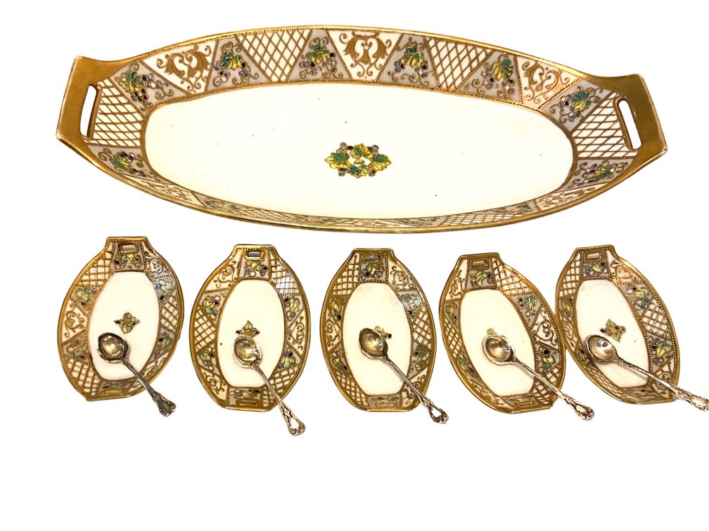 Hand-Painted Nippon Porcelain Serving Set with Sterling Spoons