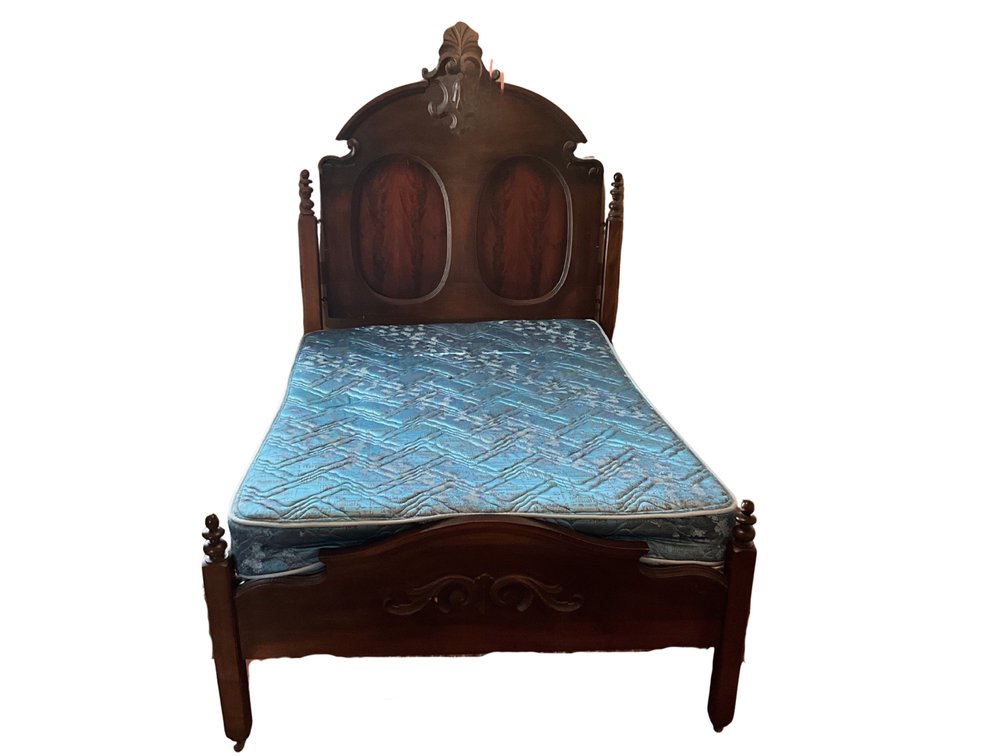 Victorian Style Carved Walnut Bed with Mahogany Veneer Panel Headboard