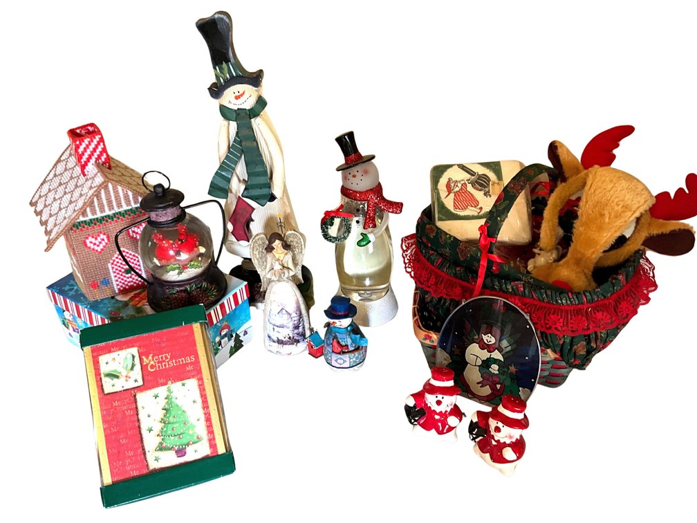Christmas Decor Lot with Jim Shore Snowman, Angel, Snowman Figures and Basket
