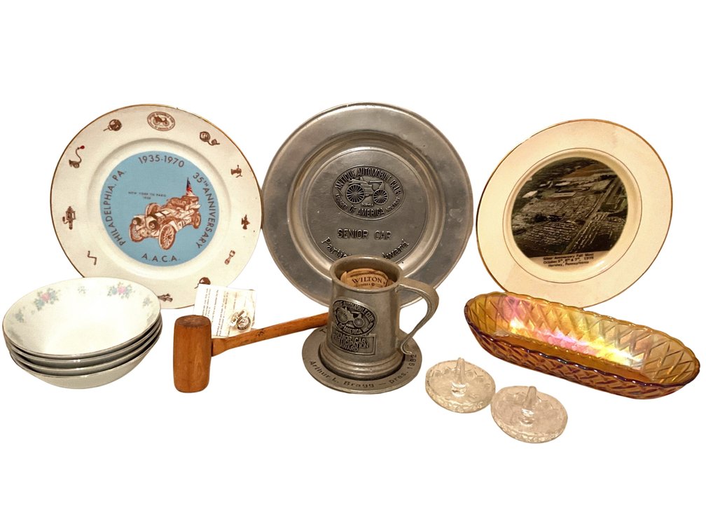 Automobile Club of America Plates, Pewter Mug, Carnival Glass Dish and Floral Bowls
