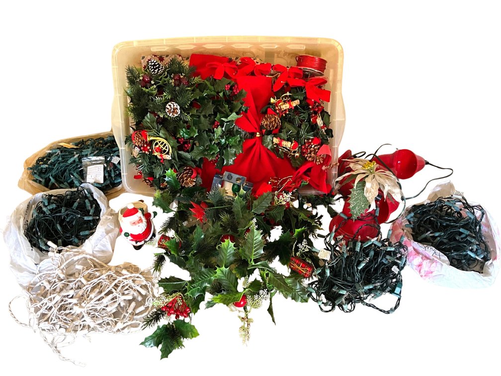 Christmas Lights, Garland, Red Bows and Santa Decor