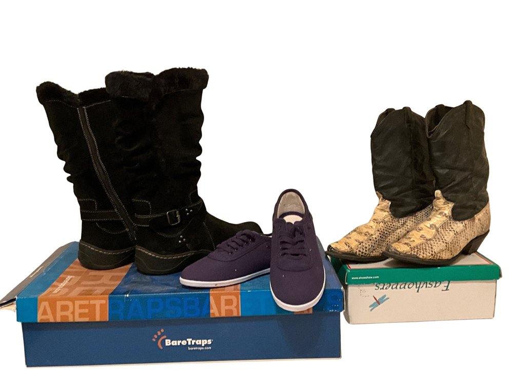 BareTraps Black Suede Boots, Easyhoppers Navy Sneakers, and Snakeskin Western Boots