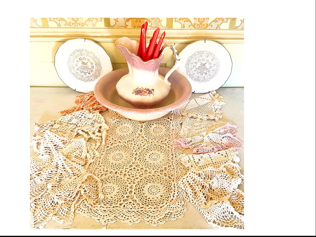 Pink and White Floral Pitcher and Basin Set, Zodiac Calendar Plates, and Crochet Doilies