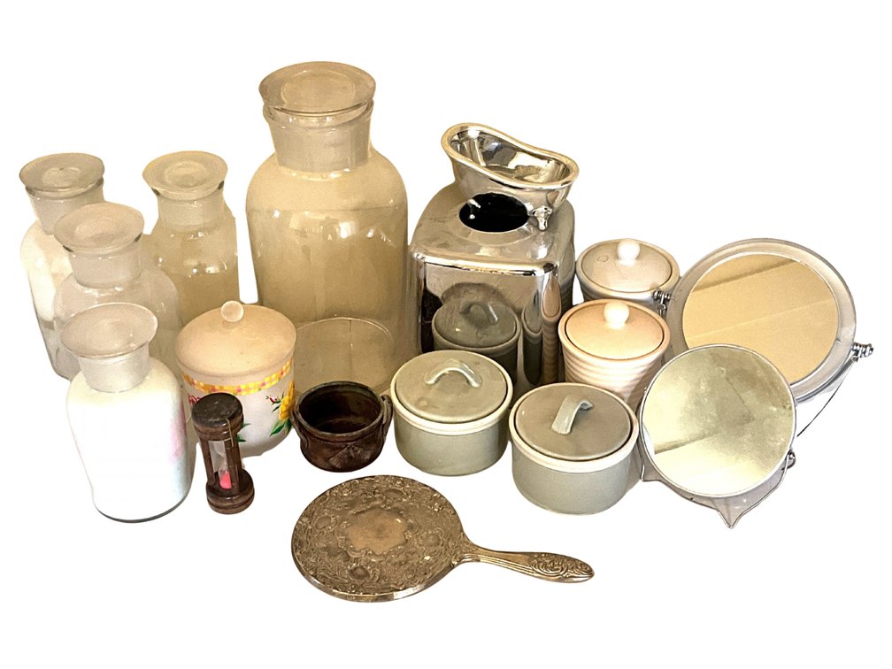 Glass Apothecary Jars, Two Vanity Mirrors, Silver Tone Hand Mirror, and Lidded Ceramic Canisters