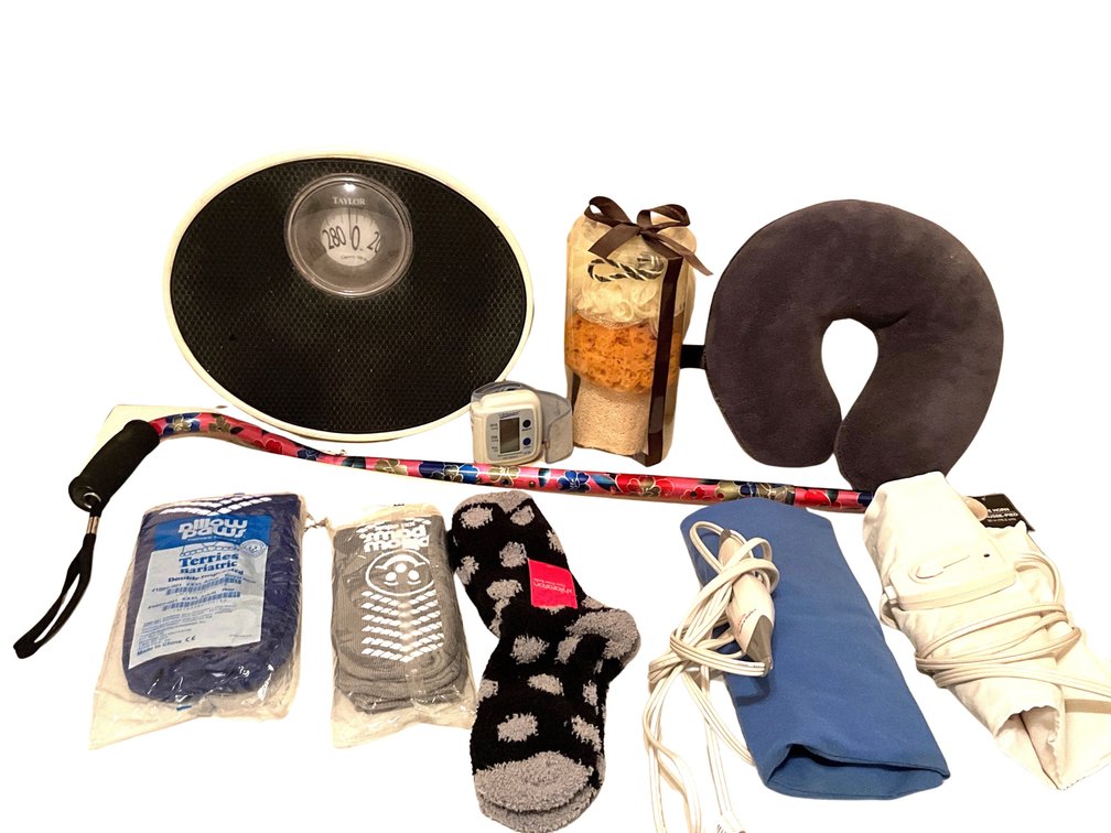 Taylor Bathroom Scale, Blood Pressure Monitor, Heating Pads, and Cane