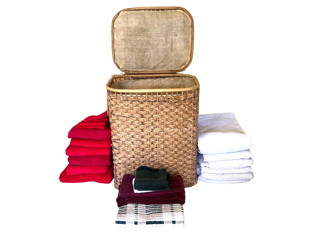 Woven Laundry Hamper with Red, White, and Burgundy Towels