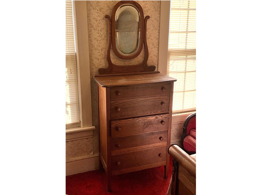 Oak Highboy Dresser with Oval Mirror