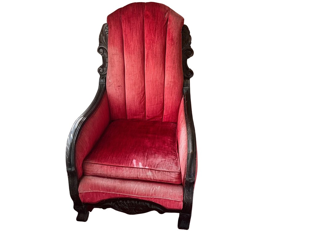 Red Upholstered Carved Wood Armchair