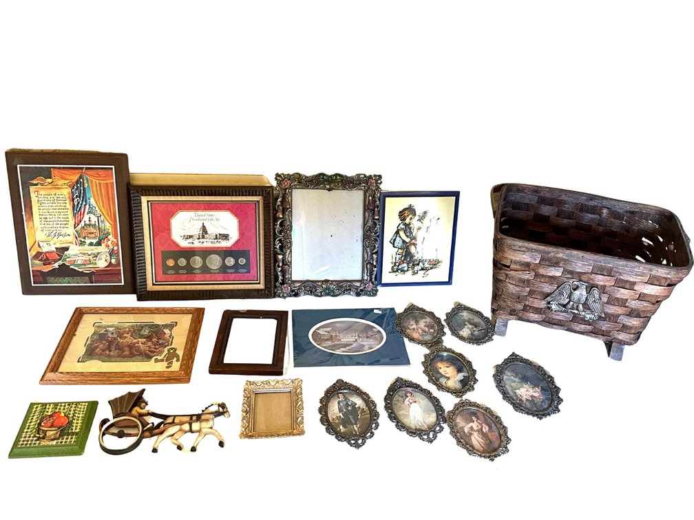 Framed Wall Decor Oval Frames Coin Set and Wood Basket