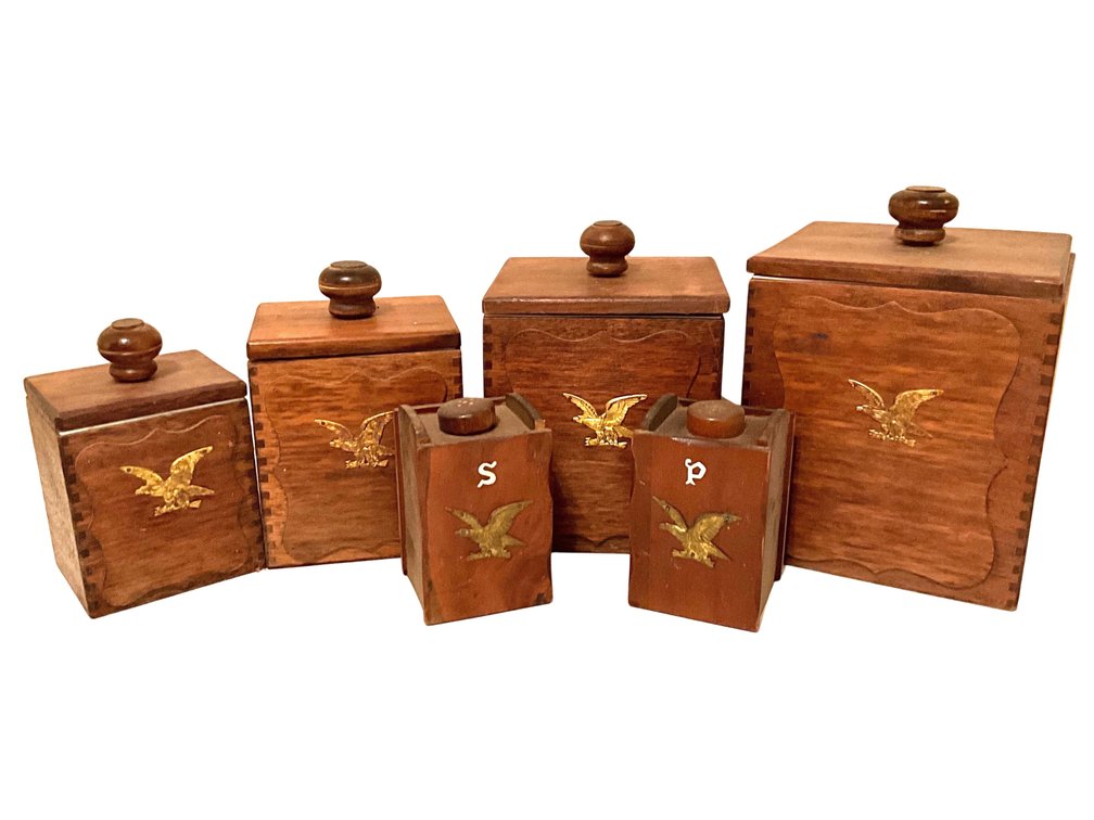 Wooden Canister Set with Eagle Emblems and Salt and Pepper Shakers