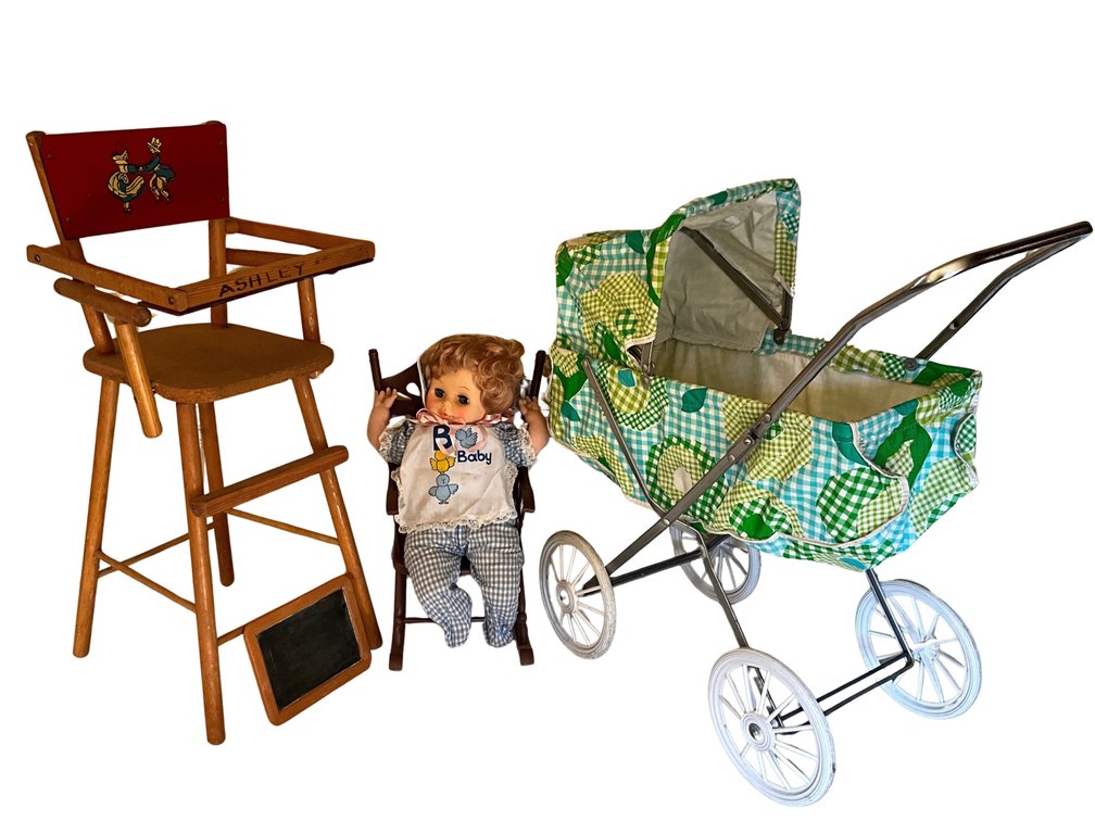 Doll Nursery Set with Pram, High Chair, Rocking Chair and Slate