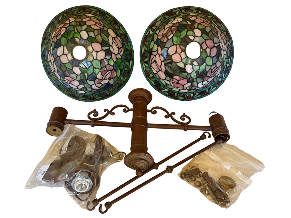 Two Stained Glass Floral Shade Chandelier with Double Arm Fixture