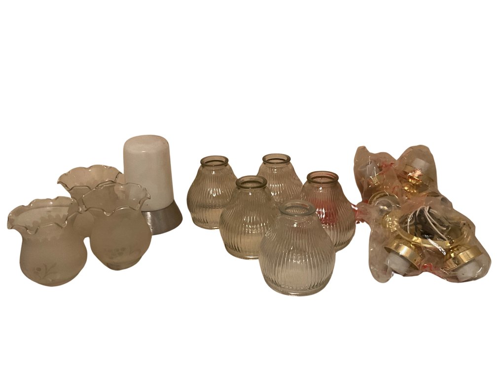 Glass Light Shades Including Frosted Etched Grape Design and Ribbed Glass with Brass Finish Light Fixtures