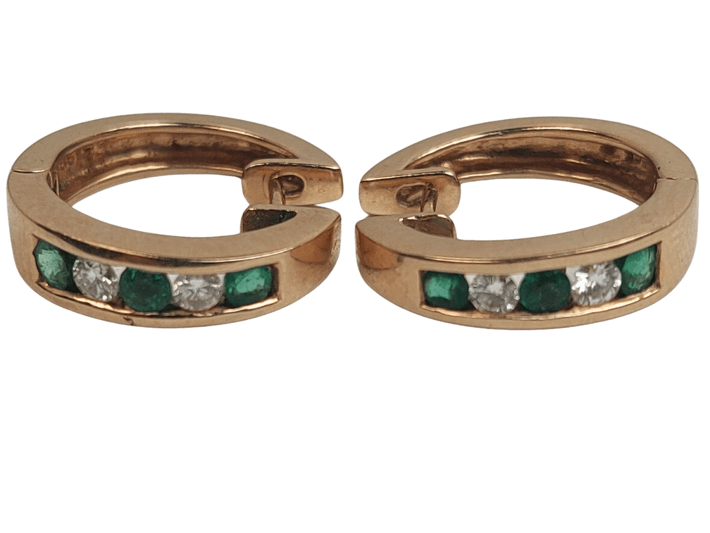 14K Gold Emerald and Diamond Hoop Earrings