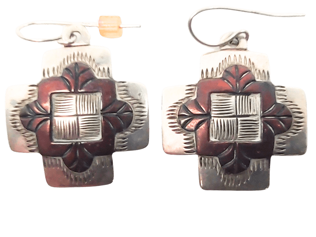 Signed Copper and Sterling Silver Cross Earrings