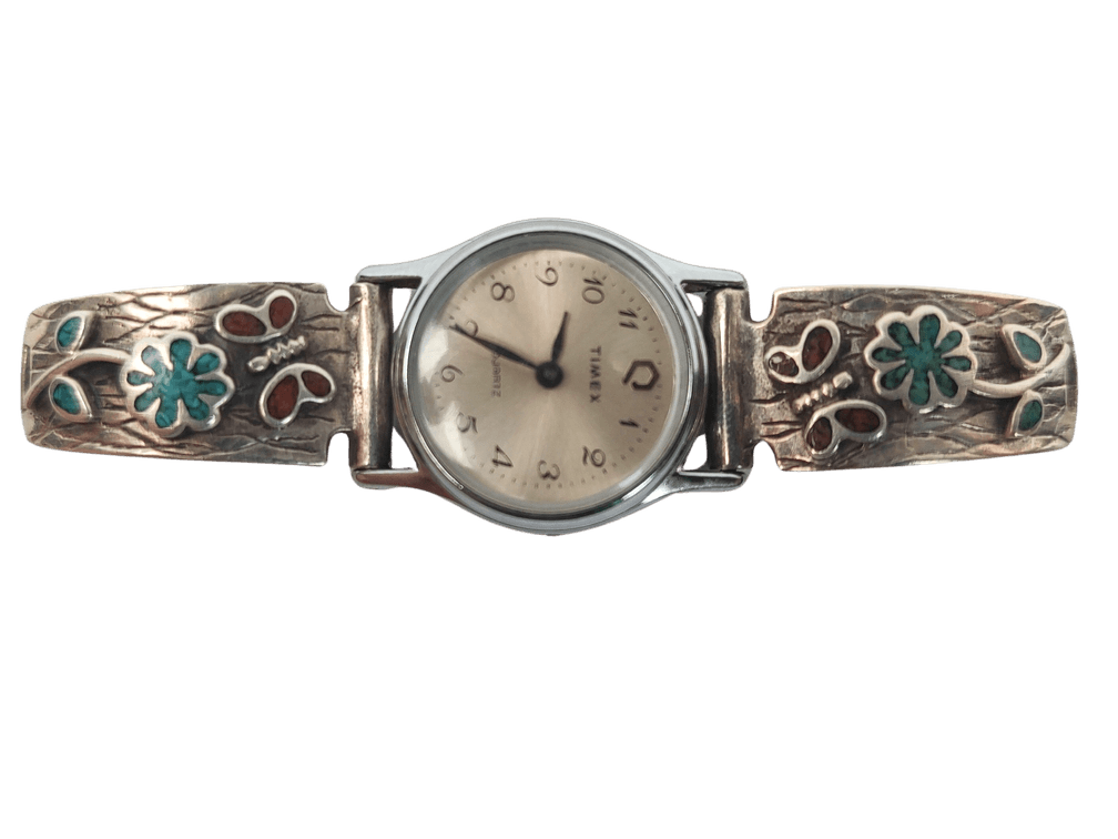 Navajo Style Sterling Silver Flower and Butterfly Inlay Watch