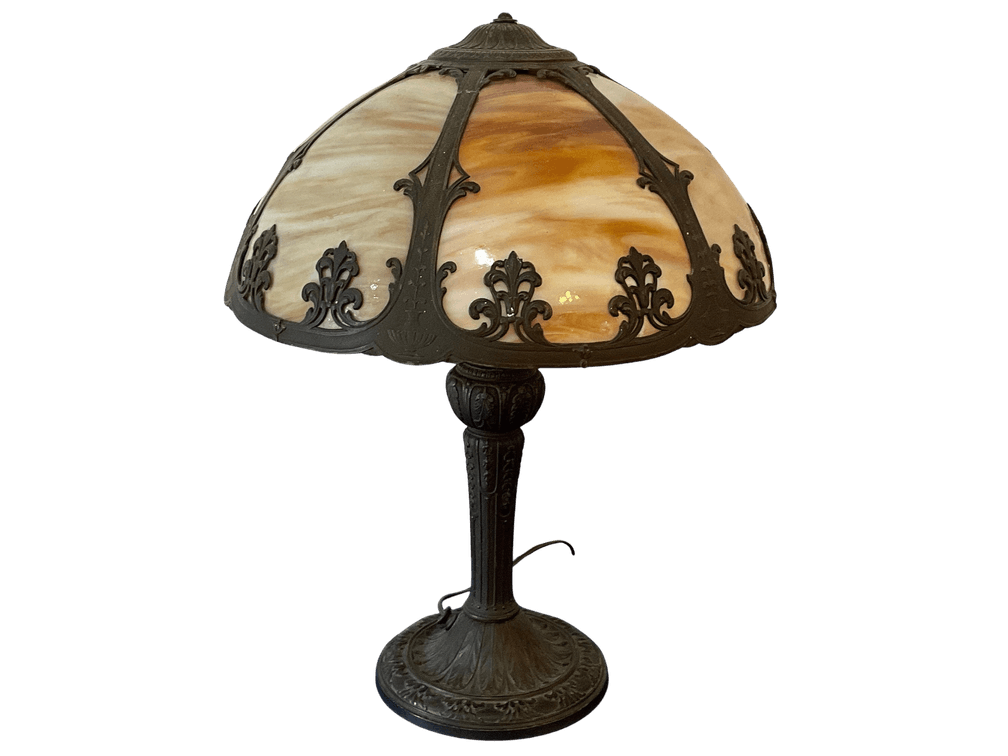 Antique Slag Glass Table Lamp with Cast Iron Base