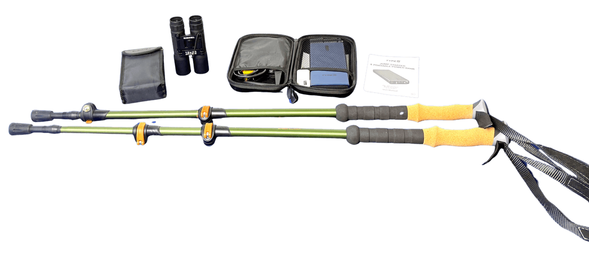 Portable Power Bank & Jump Starter, Hiking Sticks and Bushnell Binoculars