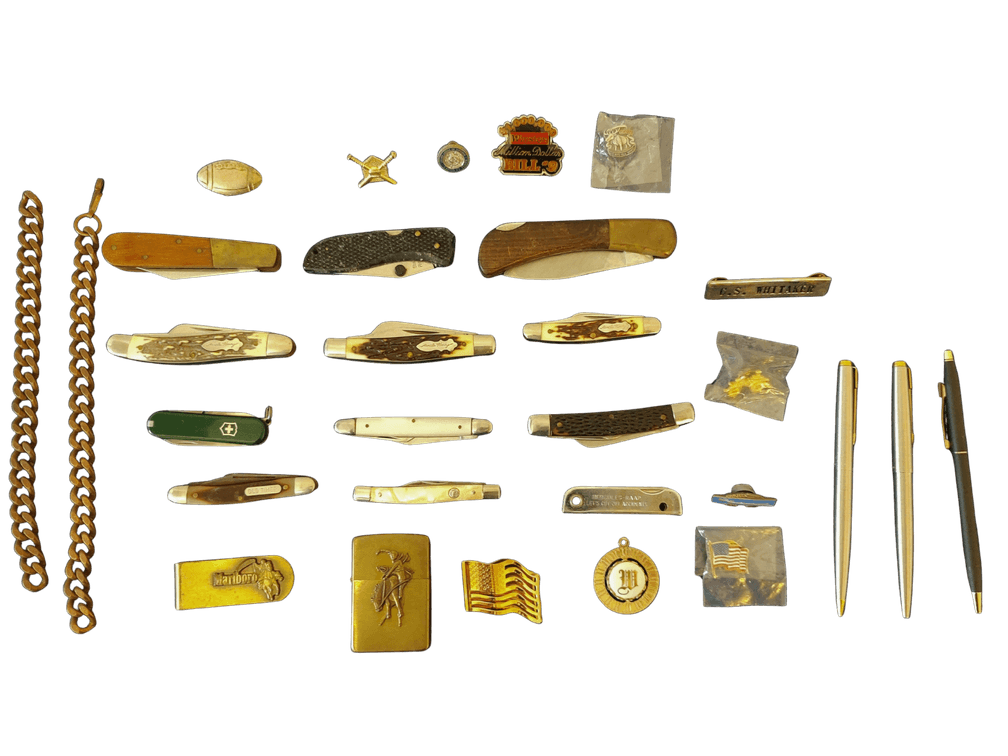 Mixed Lot of Pocket Knives, Pins, Money Clip and More