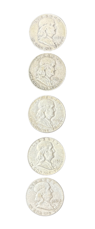 Lot of 5 Franklin Half Dollars – 90% Silver Coins (1950–1961)